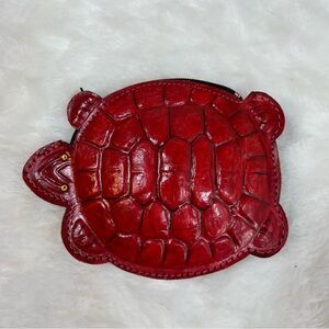 Vintage Turtle Tortoise Red Leather Tooled Coin Purse Wallet